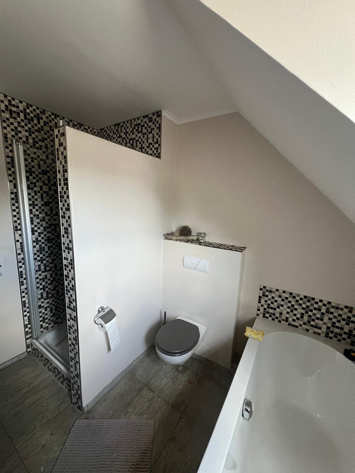 Dachgeschossbad vor der Sanierung: kleinteiliges Mosaik in Schwarz, Weiß und Grau, Duschkabine, Wand-WC und Badewanne